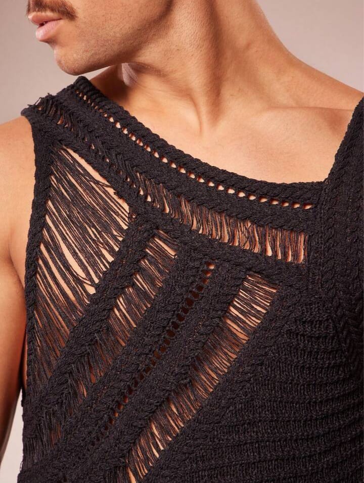 Men's Solid Color Asymmetric Neckline Sheer Sleeveless Vests